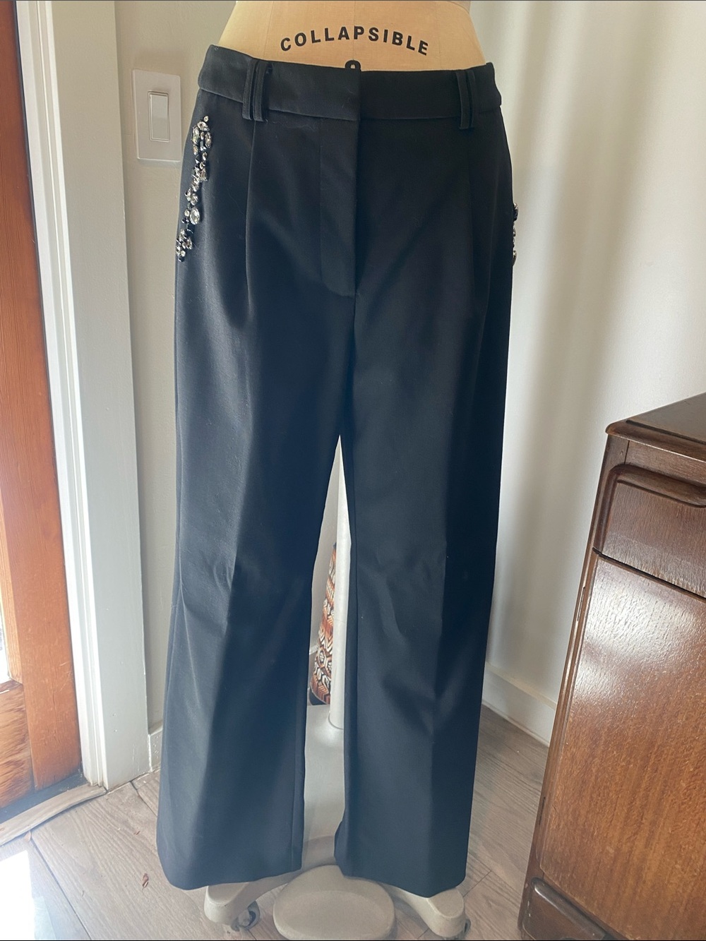 All Saints Black Wide-Leg Trousers with Jeweled Pocket Detail